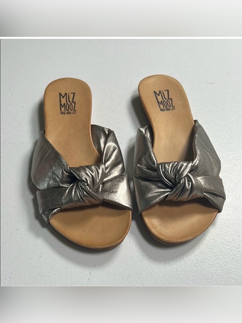 New Miz Mooz Aliza Metallic Leather Slide Sandals Knotted Comfort Slides Women 8